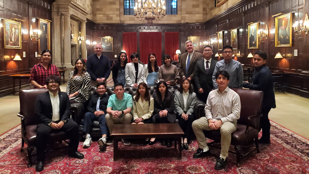 Grant with our students at Harvard Club NYC with alumni Victor Reyes (bottom left) and Saul Quintanar (bottom right).