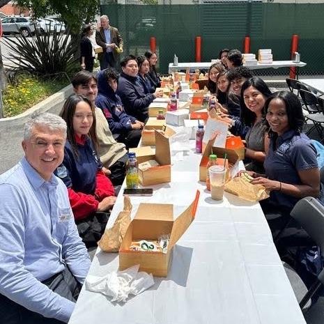 Students with Bernadette McDermott, Vice President of Design and Architecture (left), lunch with the team (center), and Andres Friedman, Senior Vice President of Development, and Robbie Williams, Senior Vice President of Asset Management (right).